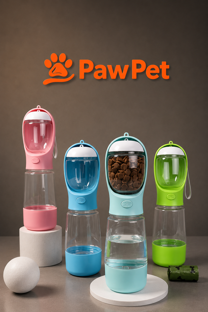 Taşınabilir Kedi Köpek Suluğu 3'ü 1 arada Seyahat Su Şişesi Mama Kaseli ve Çöp Poşeti Hazneli