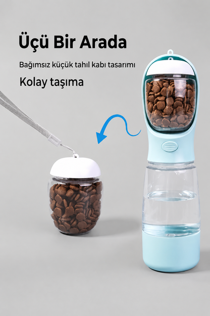 Taşınabilir Kedi Köpek Suluğu 3'ü 1 arada Seyahat Su Şişesi Mama Kaseli ve Çöp Poşeti Hazneli